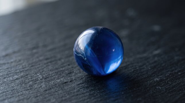 Close up studio macro shot of a single glossy dark blue glass marble resting on a textured dark grey slate surface, creating a minimalist still life with soft cinematic lighting and shallow depth.