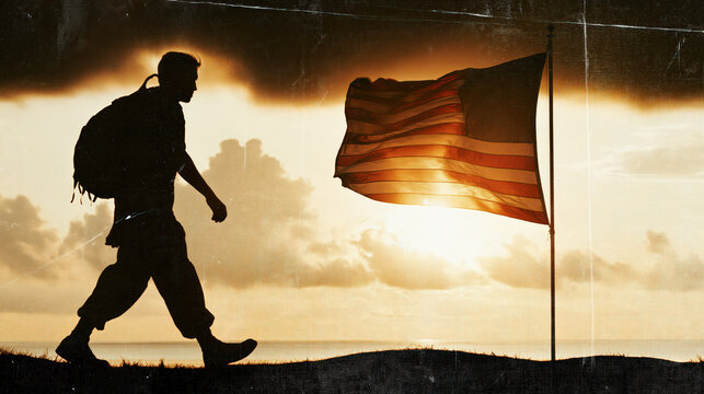 Silhouette traveler walking beside American flag at sunset
