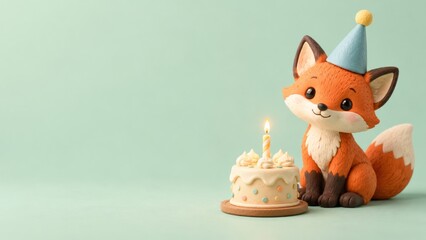 Fototapeta premium Cute clay fox with a birthday cake and blue party hat on a mint background