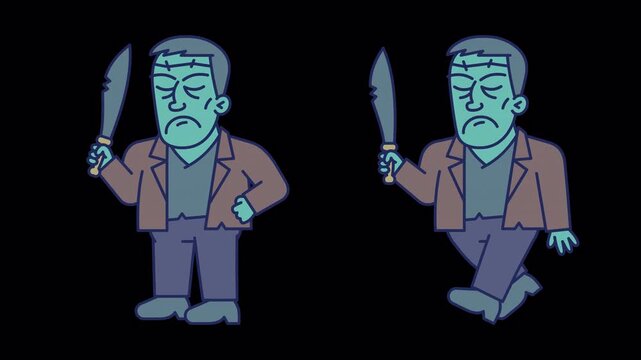 Monster holds machete dissatisfied and walks. Transparent background