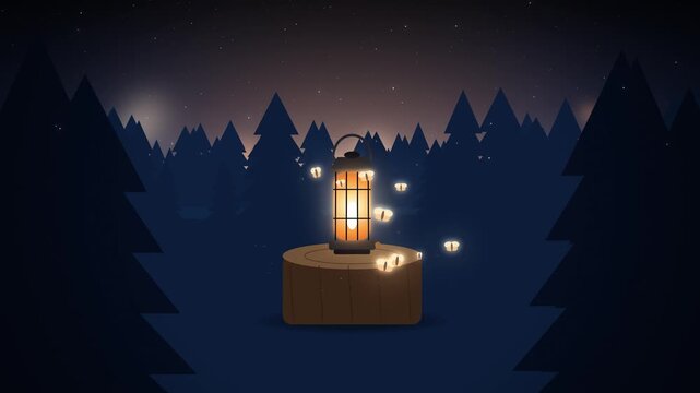 Glowing camping lantern on a tree stump with moths circling at night