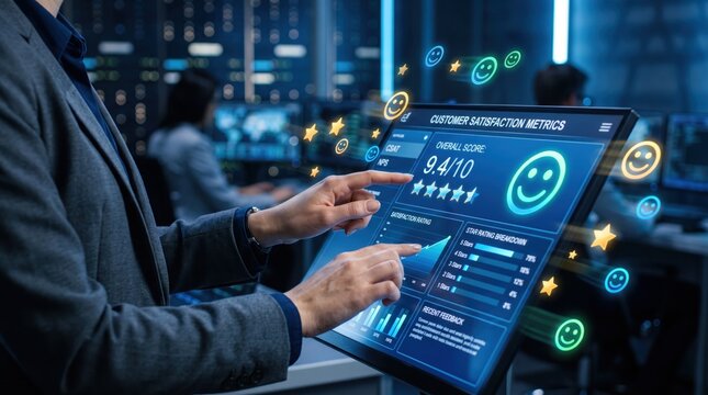 Manager analyzing customer satisfaction metrics dashboard with smiley faces and stars, CSAT NPS data analytics business intelligence interface futuristic technology control room