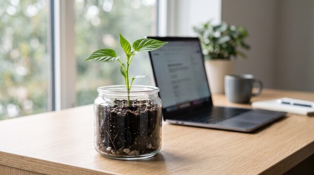 Small green plant growing in a glass jar on a wooden desk next to a laptop, symbolizing growth, sustainability, nature, eco-friendly concepts, and fresh start in a bright home