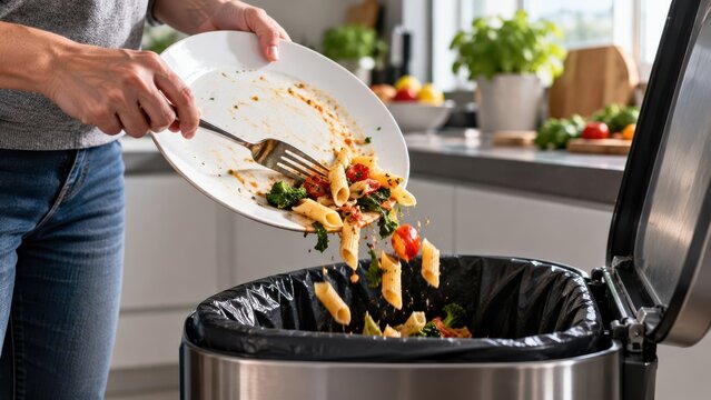 Person discards leftover pasta and vegetables from a plate into a kitchen trash bin, illustrating food waste, excessive consumption and unsustainable household habits.