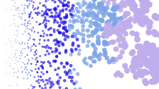 Abstract composition of scattered blue and light purple circles of varying sizes floating on a solid black background, dynamic arrangement isolated on a transparent background