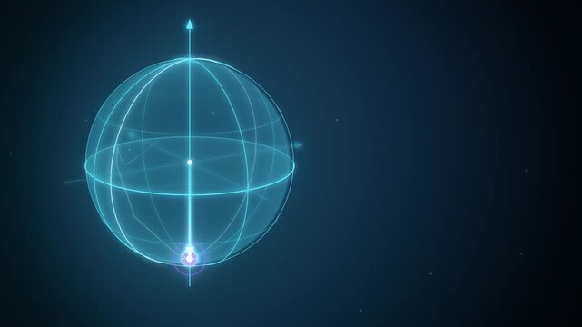 Cyan Bloch sphere qubit in superposition on black with copy space