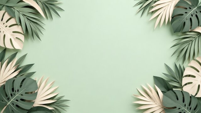 Sage and ivory paper tropical leaves framing a pale mint background