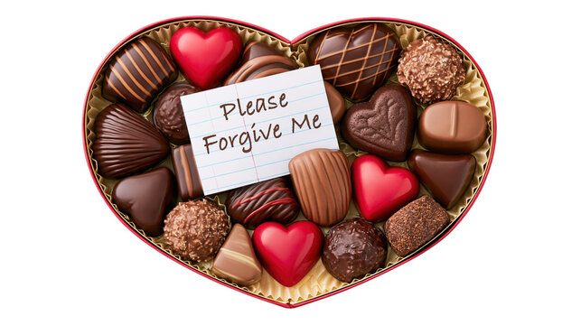 Heart shaped box of assorted chocolates with a please forgive me note isolated on transparent background PNG element