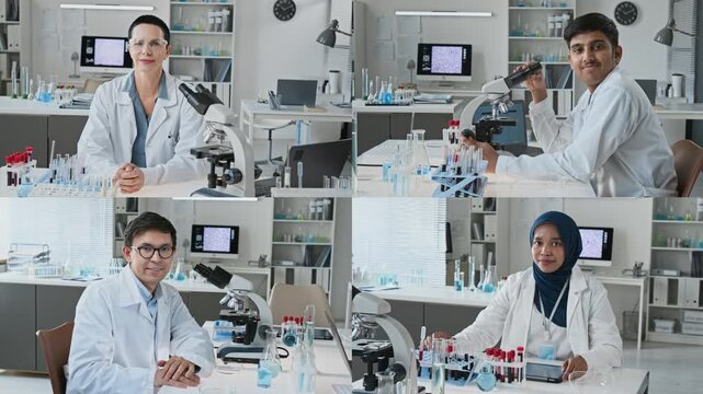 Portrait of multiethnic scientists in split screen looking into camera while working in medical laboratory. Clip perfect for biotechnology advertising and science education content