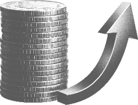 halftone Coins stack with rising arrow showing financial growth and profit increase concept illustration