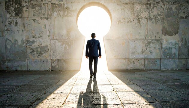 Man walking into a keyhole shaped door with light 