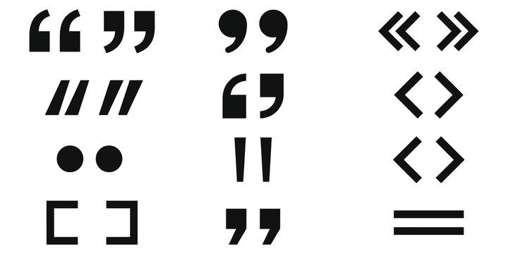 Assortment of black punctuation marks and mathematical bracket symbols for typography and text editing.