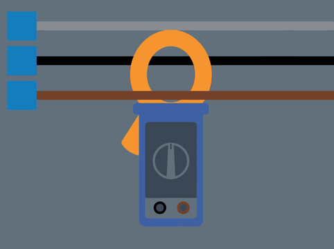 Flat Vector Illustration of Digital Clamp Meter Measuring Electrical Current in Wiring System