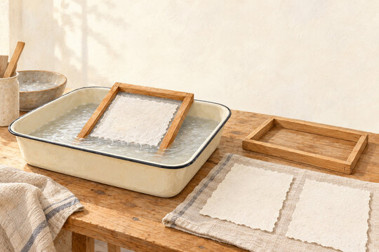 Recycled papermaking with wooden mould, shallow basin and drying handmade sheets, gouache illustration
