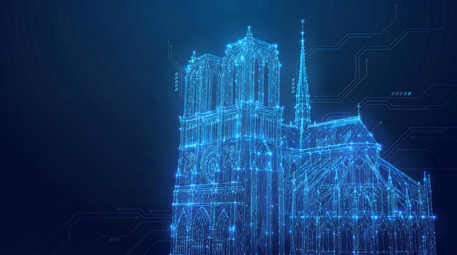 Futuristic vector illustration of Notre Dame Cathedral in Paris composed of glowing blue low poly wireframe, circuit lines, and luminous network dots on dark background. Perfect for AI themes