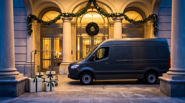 A dark grey delivery cargo van parked at a luxury hotel entrance decorated with Christmas garlands and gifts