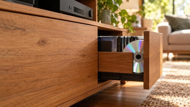 Open wooden drawer with collection of compact discs in living room