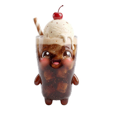 Cute 3D cola float drink character with vanilla ice cream and cherry isolated on white background