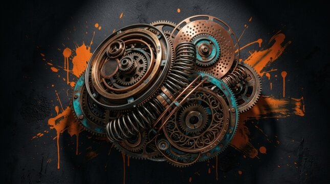 Intricate steampunk gears and cogs assembly with copper and teal accents, grunge industrial background.