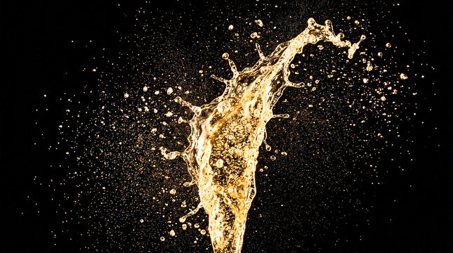 Golden champagne splash with sparkling droplets against a dark background