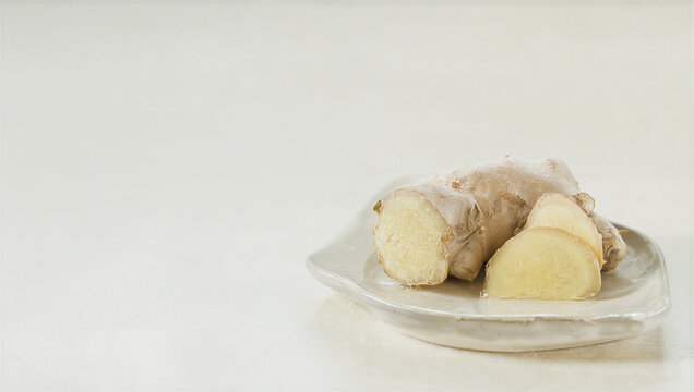 Fresh ginger root pieces on a cream ceramic dish
