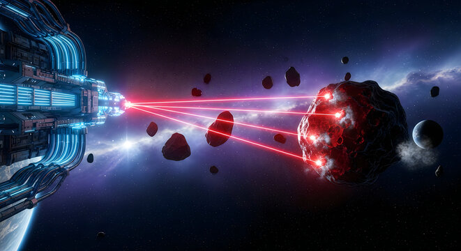 Futuristic Space Station Targeting Asteroid with Lasers