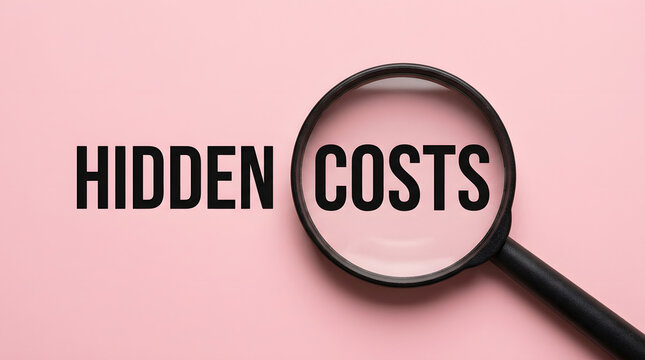 Minimalist top down studio photo of a black plastic magnifying glass placed over the word costs next to hidden text on a solid light pink photographic surface representing financial investigation