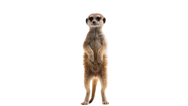 Small wild african meerkat suricate standing full body isolated on transparent background