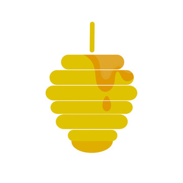 Minimalist bee hive cartoon flat design illustration. Isolated honeybee nest on white background with dripping honey. Honeycomb signs, clipart, logo and icon for classroom, children, branding 