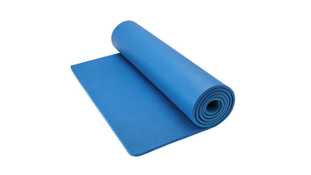 Single rolled up blue fitness yoga mat isolated on transparent background