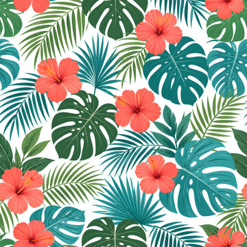 Green monstera and coral hibiscus pattern on white