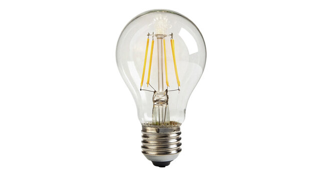 Classic clear glass filament Edison light bulb isolated on transparent background