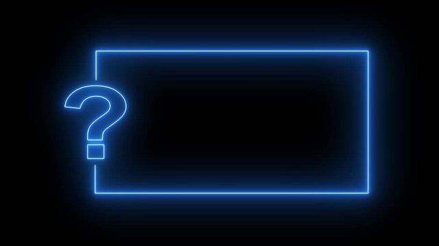 Question mark neon sign light on black background. Quiz trivia game competition. blue neon question mark frame for quizzes and FAQs. Game announcement neon message. Answer question, Examination test.