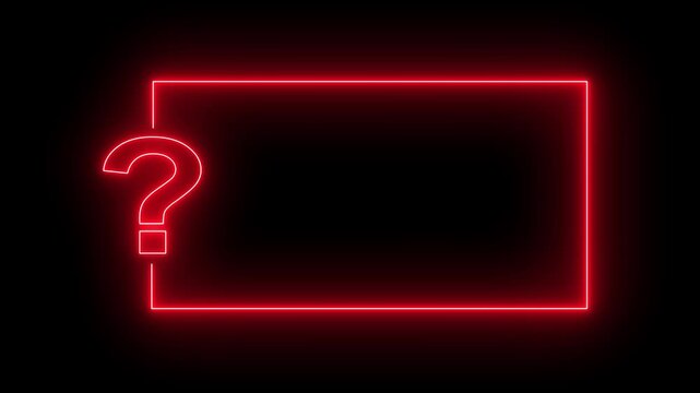 Question mark neon sign light on black background. Quiz trivia game competition. Red neon question mark frame for quizzes and FAQs. Game announcement neon message. Answer question, Examination test.