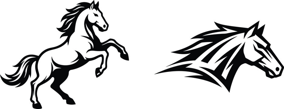 Set of black and white vector stallion logos with rearing horse silhouette and dynamic mustang head mascot.