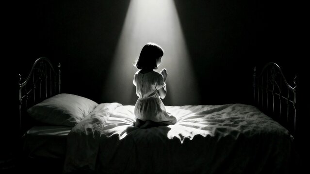Child prays on a bed in a dark room with a beam of light shining down