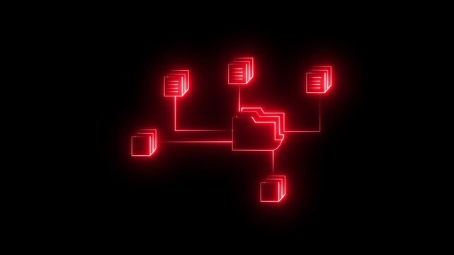 Neon document management system icon connecting multiple files and folders. folder and document icons connected. diagram illustrating a central folder connected icon to multiple stacks of documents.