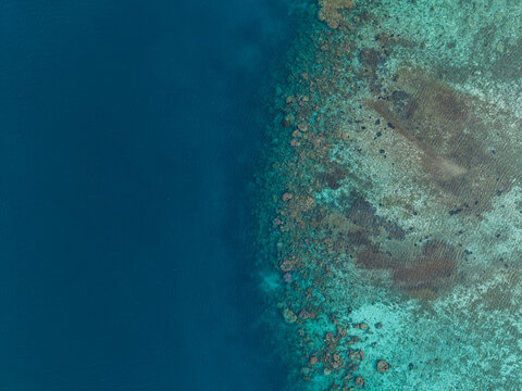 Aerial view of a vibrant coral reef bordering deep blue ocean waters in Karimunjawa, Central Java, Indonesia.