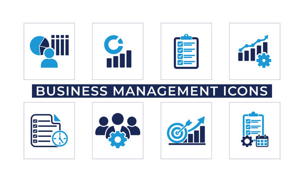 Business management icon set featuring leadership, planning, analytics, reports, organization, and corporate workflow symbols.