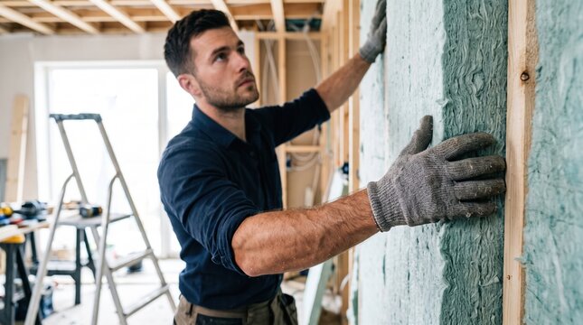 Contractor in work gloves installs green fiber insulation between wooden wall studs at a construction site, checking fit by hand; ladder and tools visible