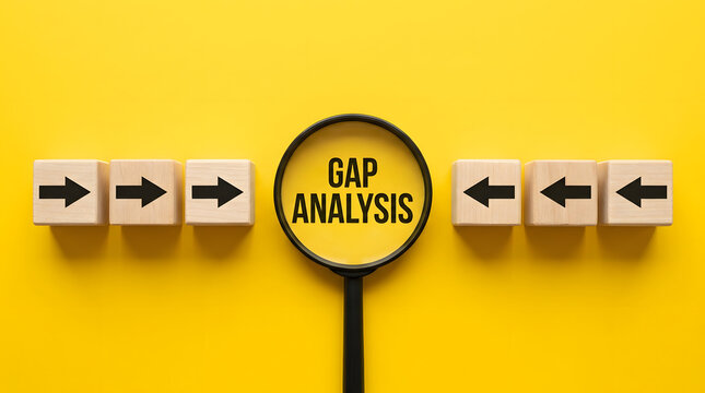 Six light wood cubes featuring bold black directional arrows pointing inward toward a black handled magnifying glass displaying uppercase gap analysis text set against a vibrant solid yellow backdrop