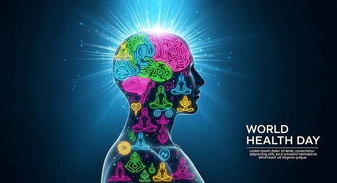 Human head formed from colorful geometric shapes representing health and well being