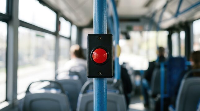 Close up on a bright red stop button attached to a vertical pole inside a public transit vehicle during daytime commute travel