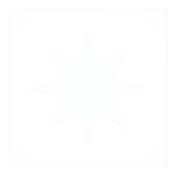White eight-pointed star in square frame with corner circles