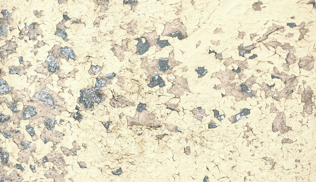 Texture background with peeling cream paint on an old surface and large grey flaking patches revealing the rough underlayer beneath