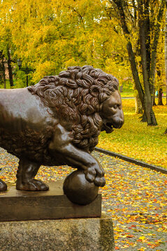 Sculpture of a lion near the museum in Novgorod Kremlin. Autumn architecture view of Veliky Novgorod landmark
