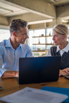 Businessman and businesswoman use a laptop at the office