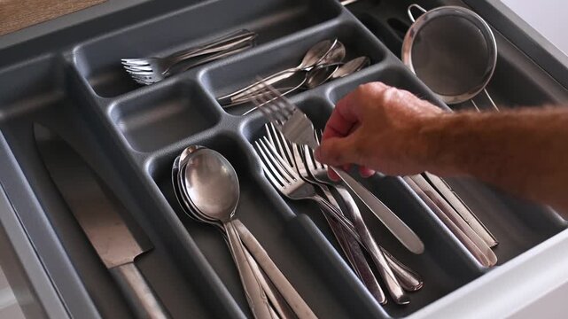 Close-up video of a hand taking a fork from an organized kitchen drawer with neatly arranged cutlery. Everyday household routine, kitchen organization and home storage concept.
