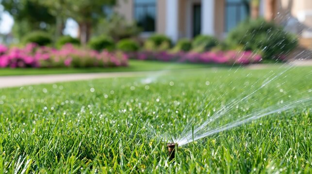 Sprinkler system waters lush green grass in a wellmaintained yard with blooming flowers in the background.