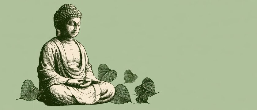 Detailed artistic sketch of meditating Buddha statue with tropical leaves on green background for spiritual concept
